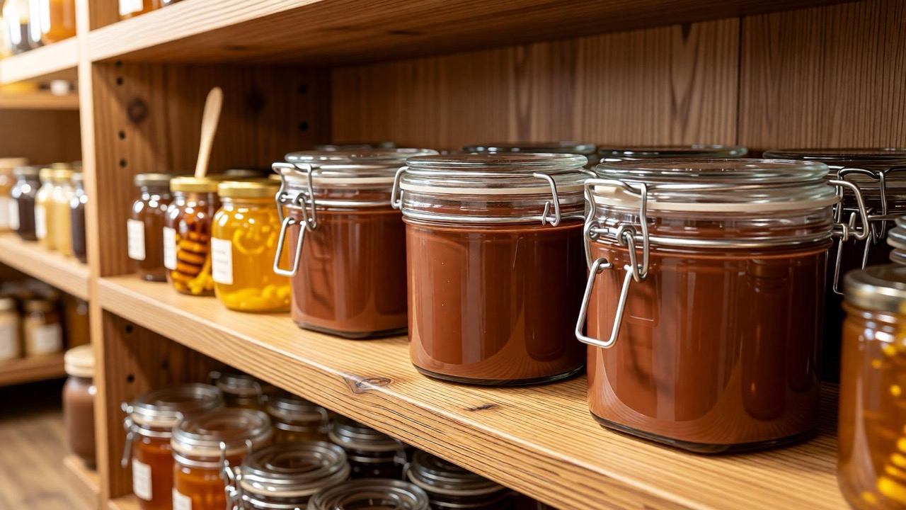 glazen potten met verschillende honingproducten op houten rek bij BeeHome imker in Torhout