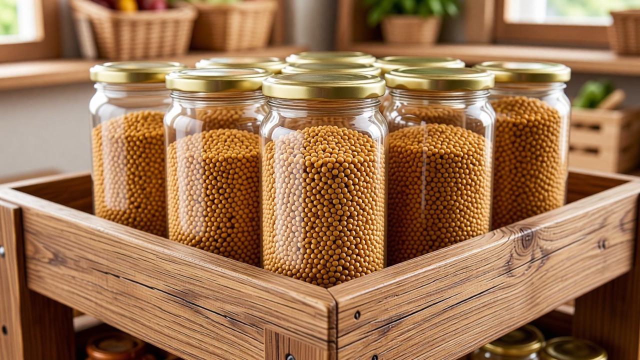 glazen potten met gele mosterdzaadjes in houten bak beehome honingproducten torhout